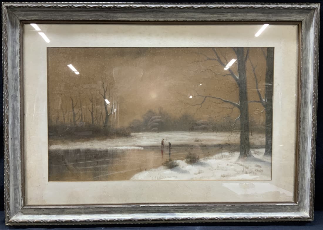 Signed Ice Fishing Pastel Landscape Art (1 of 8)