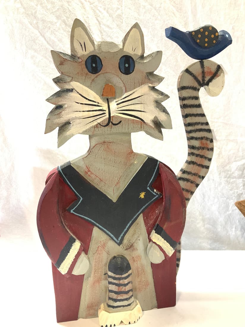 Painted Hand Crated Folk Art Wood Cat (1 of 6)