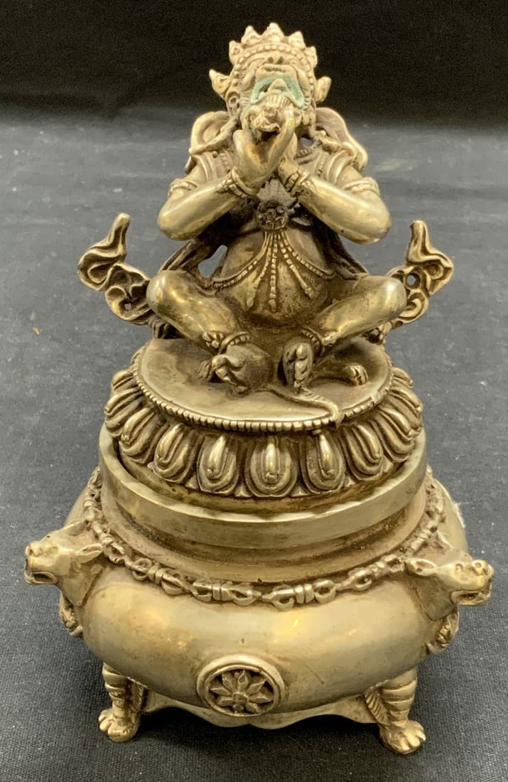 Stamped Chinese Figural Pewter incense Burner: Stamped Chinese figural pewter incense burner. Stamped to underside. Some surface wear consistent with exposure. Measures approx. 3.5 x 5.5 inches. Chinese incense burner, pewter incense burner, Asian