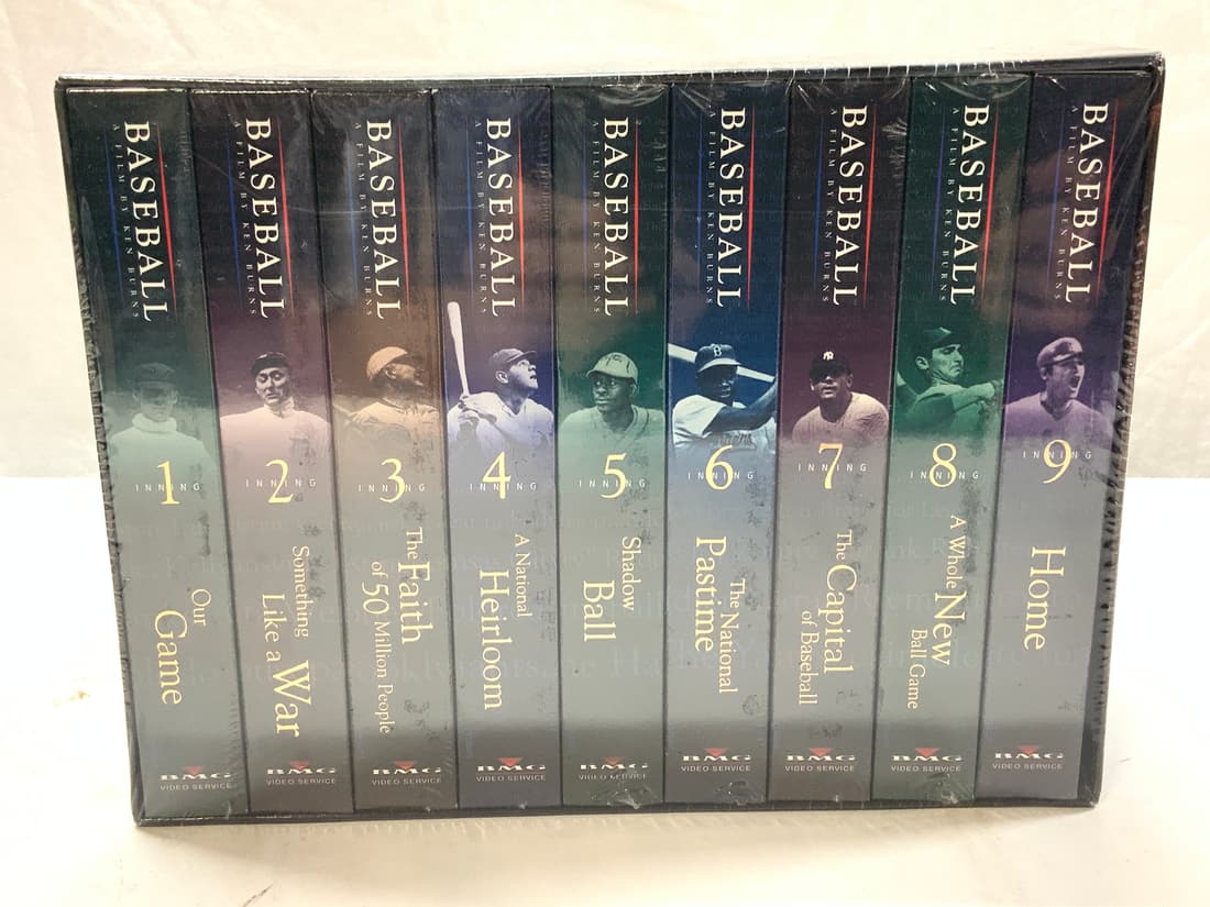 Set 9 Ken Burns VHS Baseball Films, NIP: New old Stock PBS BASEBALL by Ken Burns, Vol 1-9. Entire set is in a case box and measures 10 x 4.25 x 7.75 in. Ht. Baseball VHS films, Ken Burns Baseball On VHS, Baseball History, Television VHS tape