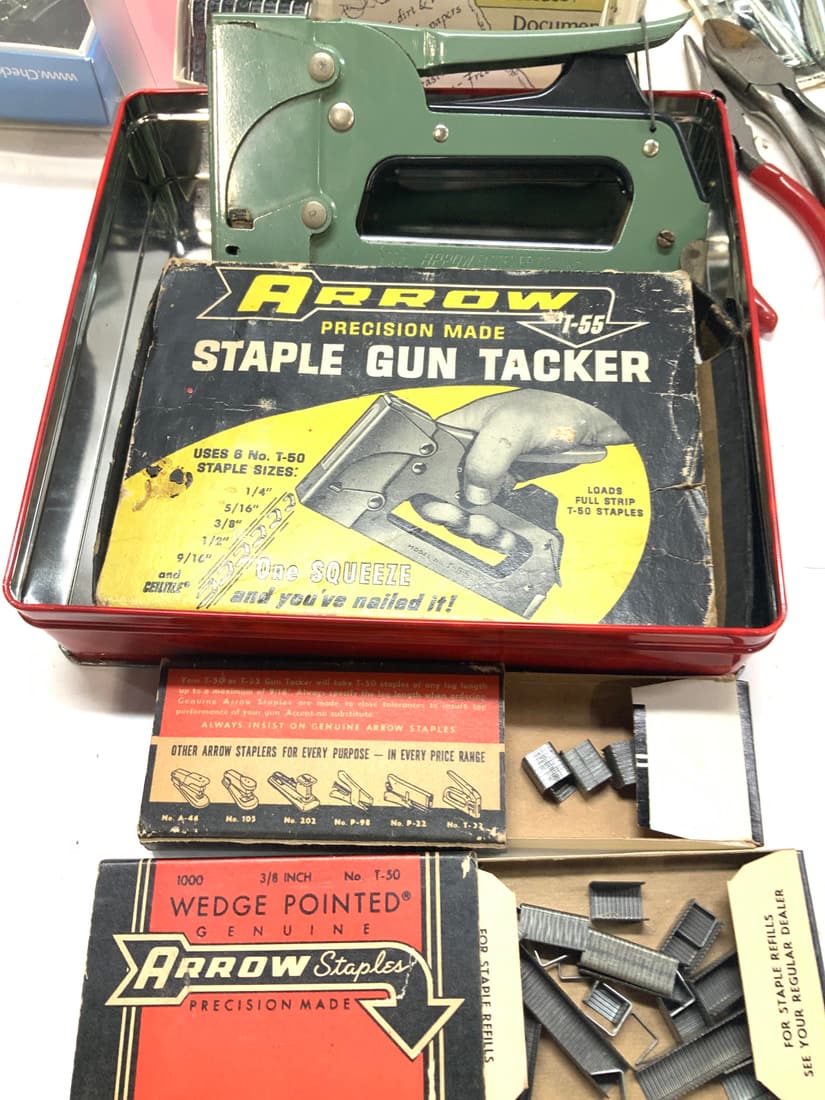 Lot of Office Supplies, Upholstery Staple Gun: Variety of Office and desk items . Including Vtg ARROW staple gun tacker with extra staples, staple tracker measures 7.25 x 3.5 in. 2 boxes #2 pencils. 1 box full, 2nd box half full. Raftsman Aviation