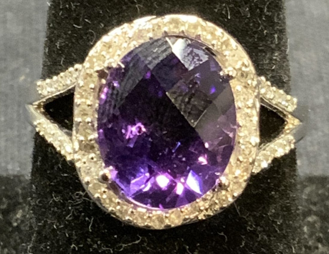 Hallmarked Diamond Amethyst & Sterling Silver Ring (1 of 8)