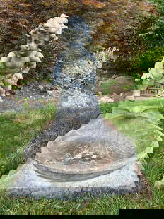 Antique Putti & Clamshell Fountain Garden Statuary: Antique metal, possibly lead, putti figural garden fountain statuary. The putti hovers, seated, over a clamshell from basin with one arm outstretched. Raised details throughout the putti face, hair, a