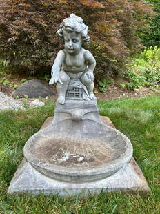 Antique Putti & Clamshell Fountain Garden Statuary: Antique metal, possibly lead, putti figural garden fountain statuary. The putti hovers, seated, over a clamshell from basin with one arm outstretched. Raised details throughout the putti face,