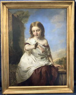 3ft10in Peele Signed Antique Oil Painting 1853: Signed on lower right corner J.T.Peele, 1858, backside of canvas reads The Captine painted by J.t.Peele August 1858Depicts a young girl in a white top and red dress with a small sparrow on her wrist