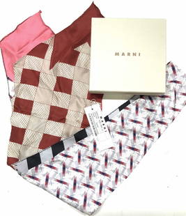 MARNI SILK Foulard Twill Hand Roll Scarf NIB ITALY: Marni Long Silk Scarf, made in Italy. New with tags attached and comes in Marni Gift box. Hand Rolled Edges in contrasting black thread. Multi print with sections of solid pink, Grey and black