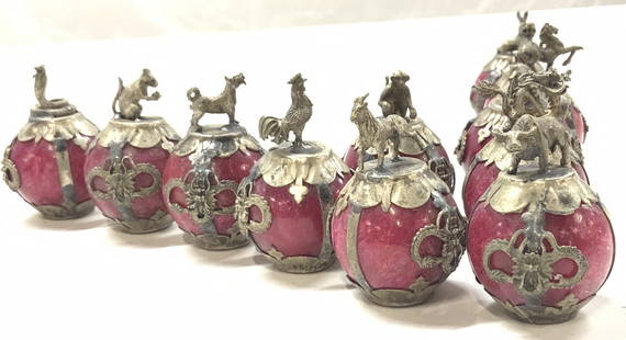 Chinese New Year Gemstone & Metal Figurine Set 12: Mid Century ( 1940s) hand crafted set of the Chinese Zodiac animal figurines made in Tibetan silver metal overlaid on carved stone orbs. Each animal representing a Chinese New Year. Animals are tiger,