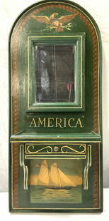 Hand Painted Wood Wall Mirror w Shelf + Drawer: Hand crafted and painted Americana home decor in the form of a hand painted wooden wall mirror with a shelf and a drawer. In glossy paint. American Eagle with a shield American Flag and Schooner ship