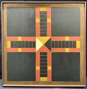 Vintage Hand Painted Wooden Game Board: Vintage hand painted wooden game board with geometric color block patterns in center. Approximately 22.25 x 22.25 inches. Moderate wearing to edges and center. Vintage game board, vintage games, Hand