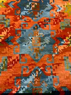 Vntg Room Size Handmade Turkish Kilim Wool Rug: Rug is handmade and wool. Piece is vintage. Rug has intricate multi toned geometric detail. Edges of rug have sand toned fringes. Rug measures approx 143 inches long 101 inches wide. Rug, carpet, kili