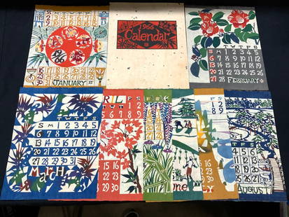 Vintage 1966 Hand Made Paper Calendar, Japan: Vintage 1966 Japanese calendar made of hand crafted paper with printed ink imagery on each paper. Complete with all 12 months. Papers are approximately 14.5 x 11 inches, comes in cream toned hand made