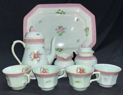 Calyx Ware Wedgwood Ironstone Tea Set 8 England: ADAMS Calyx ware Hand Painted Ironstone Tea Service Set with Tray ( 14.5 x 11.25 in.) , Tea pot with lid ( 8 x 8 in.) ( chip to spout), 4 tea cups, 1 creamer, 1 sugar bowl with lid. Made in England. A