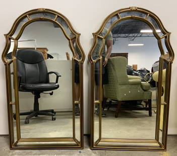 Pr Vntg SYROCO Style Gilt Wood Wall Mirrors: Lot includes 2 wall mirrors. Each are SYROCO style & appear to have gilt wood frames. Mirrors measure approximately 43.5 inches tall 25 inches wide. Wall mirrors, wall decor, home decor, homewares, vi