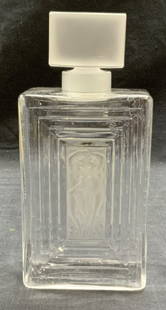 LALIQUE Crystal Duncan Cordial Decanter, France: Lalique crystal Duncan cordial decanter. Square shape with frosted figural motif and frosted stopper. Made in France, trademarked to underside. In good condition, small chip to stopper observed. Measu