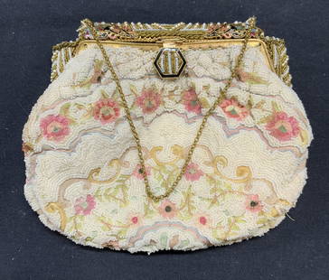 Vintage White Beaded Floral Handbag, France: Vintage white beaded handbag with floral decoration. Made in France. Some wear to material consistent with exposure. Measures approx. 6 x 6 inches. Ladies vintage handbag, ladies vintage fashion, ladi