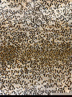 Leopard Print Wool Area Rug: Rug has tan & black toned leopard print detail. Edge of rug is black toned. Rug measures approx 72 inches long 35 inches wide. Rug, leopard print rug, area rug, wool rug, carpet, home decor, homewares