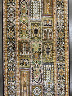 Handmade Oriental Fringed Silk Runner: Runner is handmade and silk. Edges of rug have cream toned knotted fringes. Runner has intricate multi toned geometric & floral detail. Rug is possibly vintage. Measures approximately 197 inches long