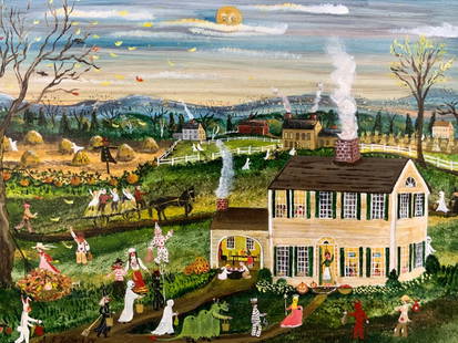 Susan Winch Signed Halloween Eve Oil On Masonite: Signed in lower right corner S.W.Winch, 79, marked on backside Halloween eve 1979 Susan Winch Subject depicts a house in a rural community with various children in Halloween costumes going to houses.