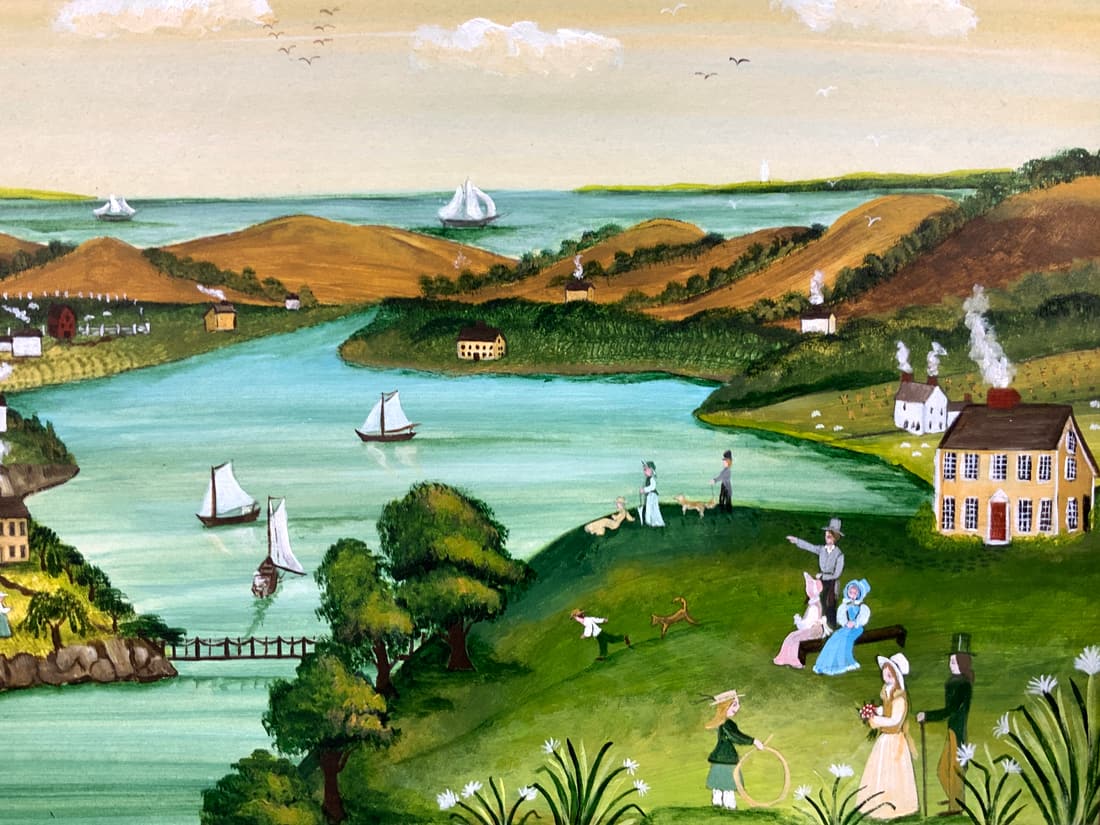 Susan Winch Oil On Masonite Folk Art Painting: marked on backside River View, Susan Winch Subject depicts a landscape of a river with a family on a hill playing and sitting and enjoying the view. Framed in gold leafed wooden frame. Approximately 1