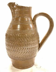 Gres du Berry Salt Glazed Stoneware Pitcher,France: Hand made pottery, made in France. Signed Gres Du Berry . salt glazed stoneware Hallmarked on verso. Measures 8.5 in tall, 6.5 in. Total width. Made in France, French Pottery, Handmade Gres du Berry S