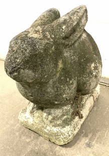 Vintage Cement Rabbit Garden Statuary 1ftH: A vintage cement rabbit garden statuary. The rabbit is depicted with its ears back and crouched on a rectangular base. Measures approx. 12.5Hx 11.5D x 6W in. Weighty piece. Some wear consistent with a