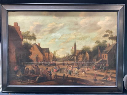 35x 49 Antique Town Oil Painting On Boards: Antique oil paintings on boards, depicting a medieval town with people in the streets playing games at tables, dancing in circles and people drinking. All framed within a black painted wooden frame. A