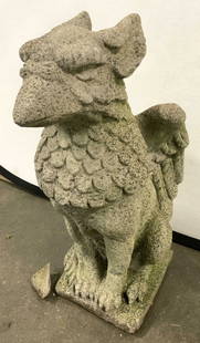 Vintage Cement Griffin Garden Statuary 1ft9in: A cement griffin garden statuary. The griffin is depicted seated on a square base. Raised details to his face, feathers, and body. Weighty piece. Measures approx. 21.5H x 10D x 9W in. Measured at wide