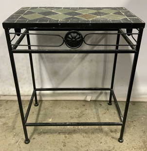 Vintage Mosaic Top Metal Side Table: Side table is vintage. Piece has stone mosaic top and metal base. Legs have box stretcher in between. Table measures approximately 20.5 inches tall 16.5 inches wide 9.5 inches. Side table, end table,