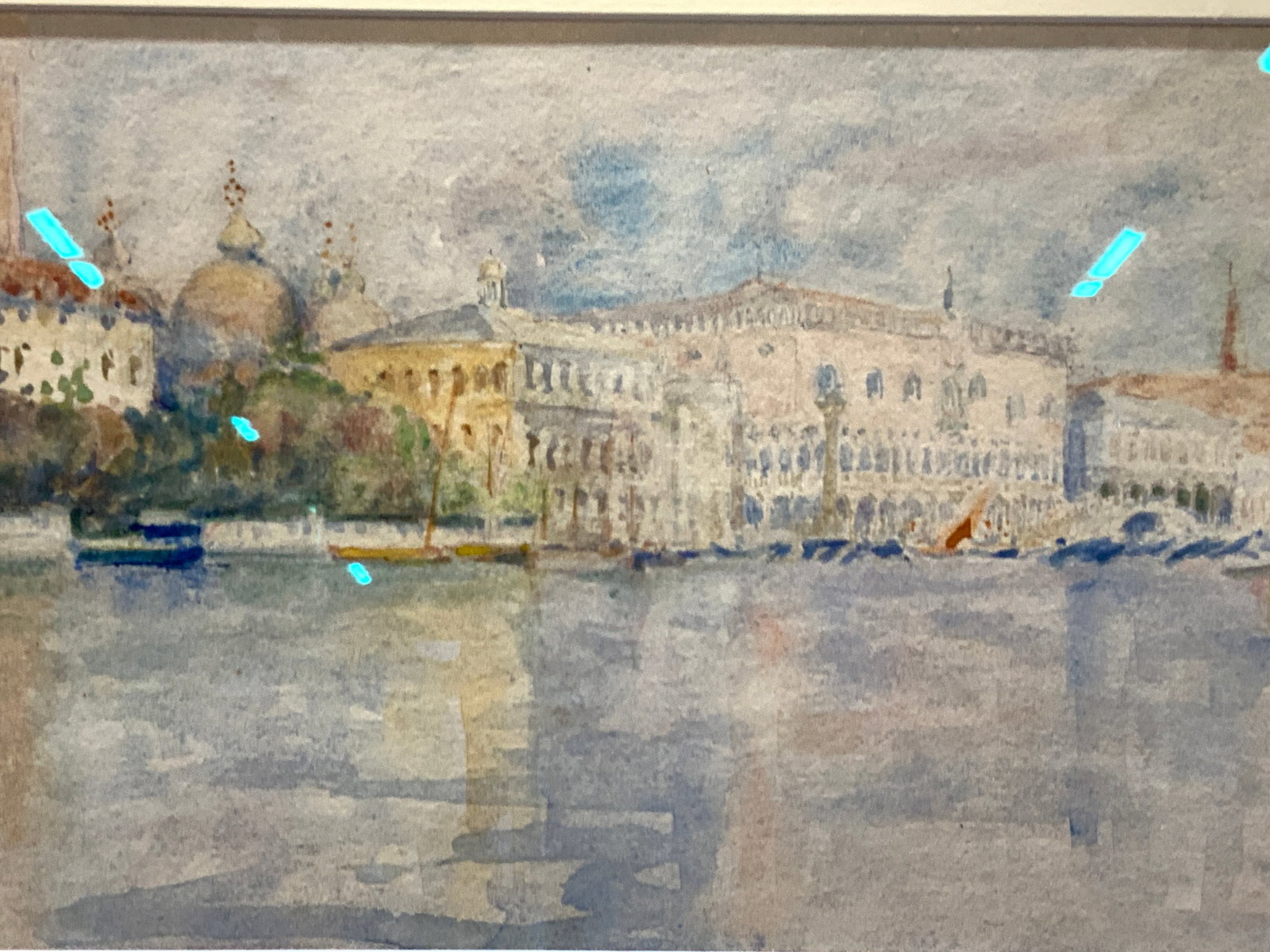 Signed Frida Gugler Grand Canal Venice Watercolor: Signed on lower right corner, appears to read Frida Gugler. Depicts the city of Venice from the grand canal with view of the grand families palaces. Framed in green marble patterned wooden frame with 