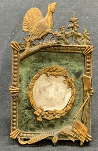 Vintage Gilt Brass Turkey Picture Frame: Vintage gilt brass easel back picture frame with Turkey motif. Measures approx. 3.75 x 2 inches. Surface wear consistent with exposure. Picture frame, table frame, easel back frame, gilt frame, brass