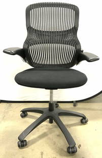 KNOLL GENERATION MCM Computer Chair W Wheels: Knoll Generation chair. Backside of piece reads KNOLL. Chair is black toned. Piece has cushioned adjustable arm rests. Chair sits on 5 wheels. Measures approx 45 inches tall 28.5 inches wide 25 inches