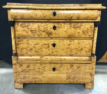 BIEDERMEIER Antique Burlwood Chest Of Drawers: 19th century empire / Bierderneier birds eye maple chest of drawers ending on block style feet, with an overhung top and a short back wood gallery, the center of the drawers with original brass escutc