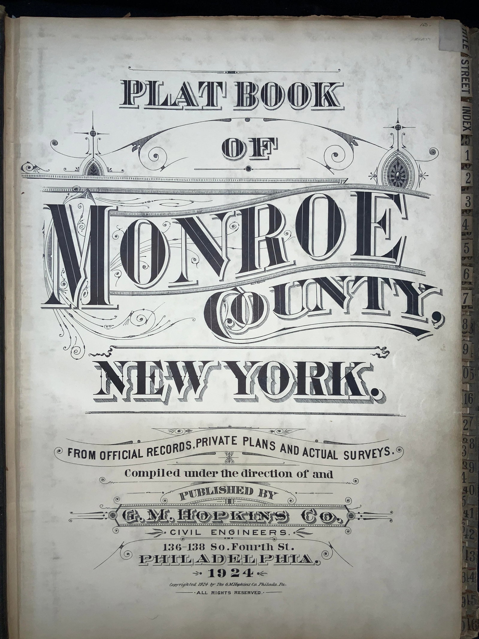 XL 1942 Plat Book Of Monroe County NY: XL 23 x 17 inches and 1.25 inches thick. Hard cover plat book with title reading Plat Book of Monroe County NY, published by G.M.Hopkins Co. Philadelphia PA. Copyright 1924 Complete with colored litho