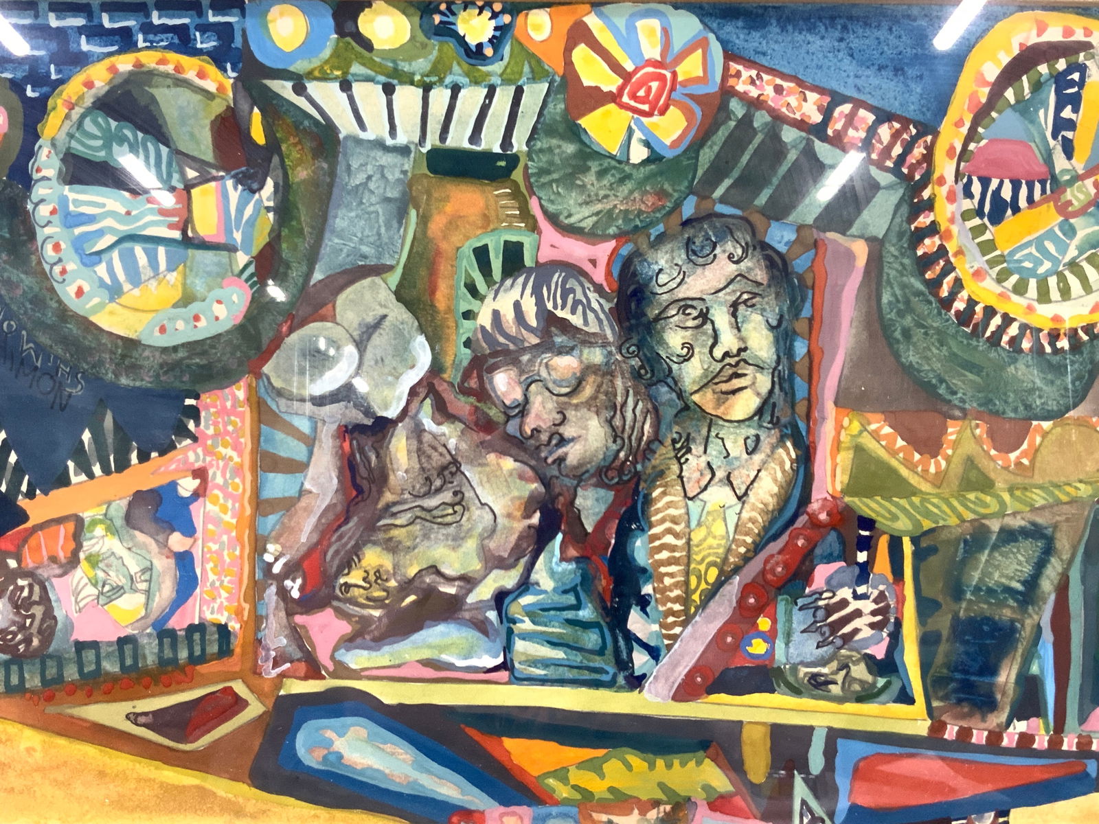 Paul Shimon Signed Gouache & Watercolor On Paper: Signed on upper left Shimon Depicts various faces within a funhouse like structure with vibrant colors and unfamiliar forms Framed in gold leafed and red painted wooden frame with tan toned linen mat