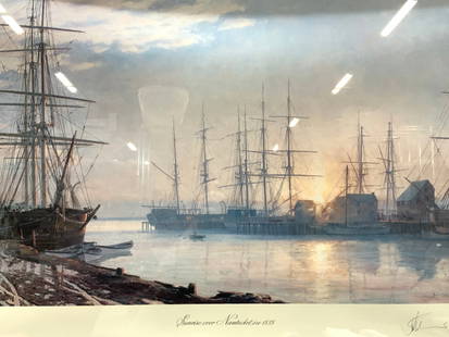 JOHN STOBART Signed Sunrise Over Nantucket Litho: Approximately 28 x 38 inches, Signed on lower right corner with STOBART signature in graphite, 604/850 Reads Sunrise over Nantucket in 1835. Depicts the sunrises over a dock with various ships docked.