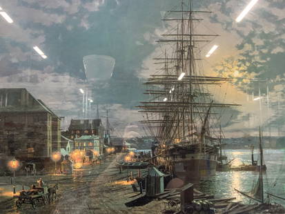 John STOBART Signed Sydney Lithograph: Approximately 31 x 38.5 inches, Signed on lower right corner with STOBART signature in graphite, 500/950 Reads Sydney, the black wall passenger ship Passamatta Alongside Circular quay in 1872 Depicts