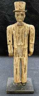 Antique Wood Folk Art Uncle Sam Articulated Doll: Antique folk art Uncle Sam articulated doll. Composed of wood. Loss to paint observed. Measures approx. 4 x 3 x 12 inches. Property from F.W. WOOLWORTH CEO Byron DeWitt Miller estate by family descent