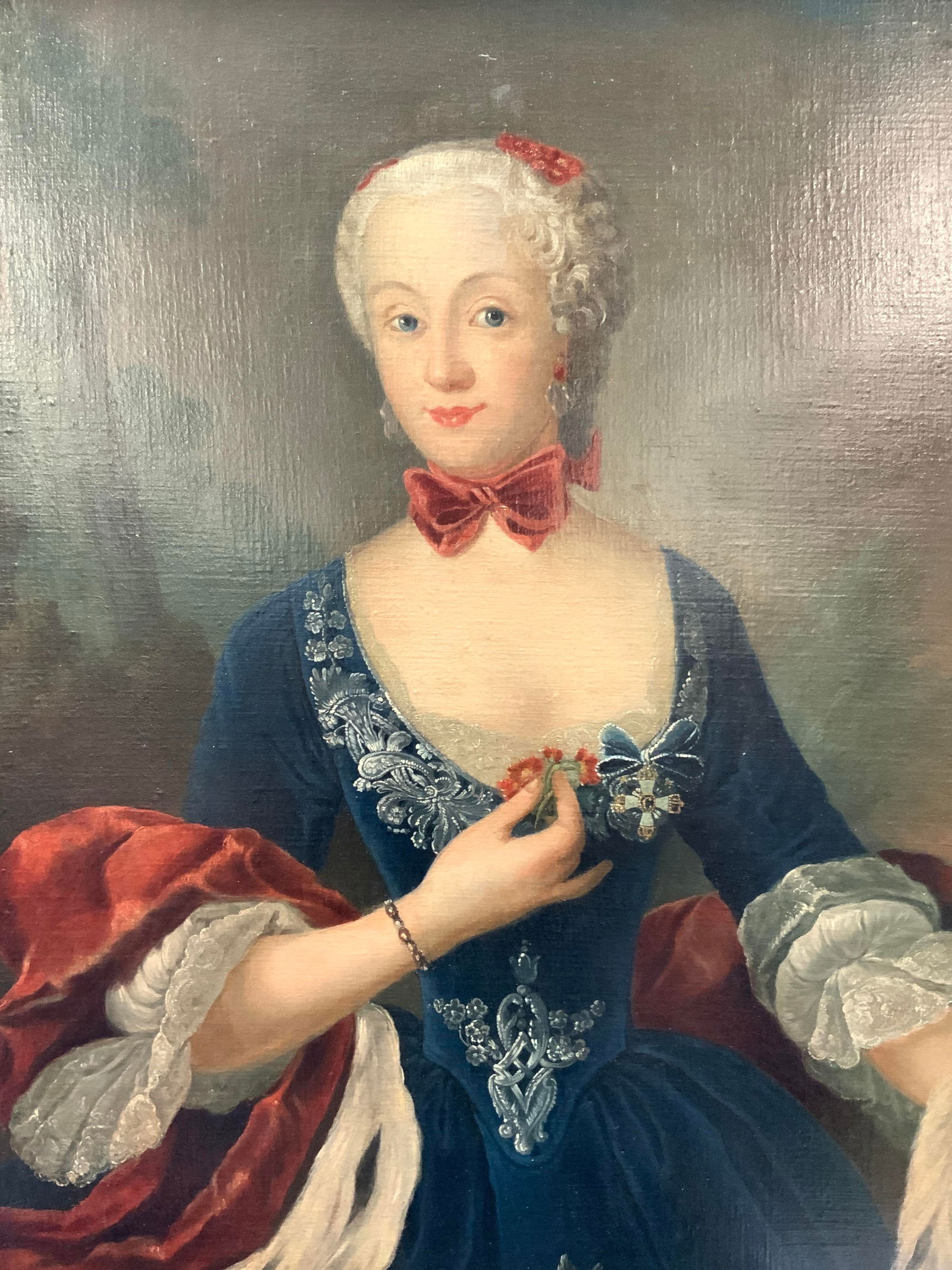 XL ATTR ANTOINE PESNE Sophie Antique Oil Painting: Portrait of Sophie Marie Helen grafin zu lyynar at the age of 25 years old. The portrait is a quarter length oil on canvas, she is wearing a blue embroidered dress with a red trim wrap and a ribbon, t