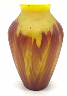 Antique Yellow/Red L. C. Tiffany Cameo Glass Vase: Antique red and yellow carved cameo favrile glass Louis Comfort Tiffany vase. Botanical flower petal design. Signed L. C. Tiffany - Favrile, 5001C to underside. Measures approx. 3.75 x 7.75 inches. In