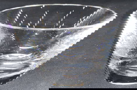 STEUBEN Clear Crystal Bowl: Marked Steuben on underside. Clear crystal bowl with solid base, approximately 2.5 inches tall and 4.5 inch diameter. Minor wearing to underside. Steuben Crystal, crystal bowl, nut bowl, crystal decor