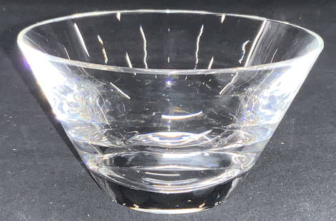 STEUBEN Clear Crystal Bowl: Marked Steuben on underside. Clear crystal bowl with solid base, approximately 2.5 inches tall and 4.5 inch diameter. Minor wearing to underside. Steuben Crystal, crystal bowl, nut bowl, crystal decor