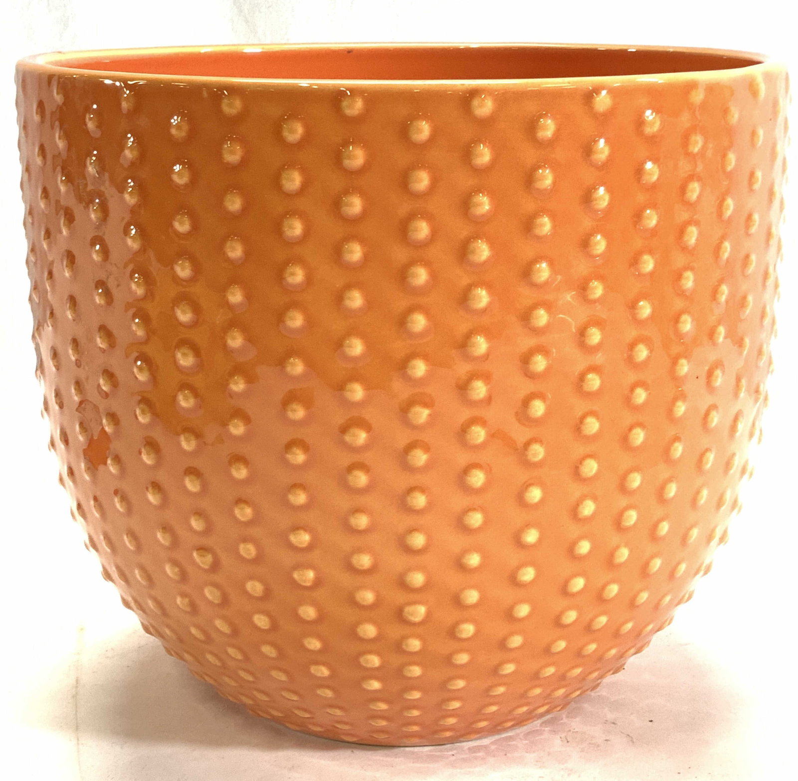 Ceramic Hobnail Style Planter, Portugal: Bright orange glazed planter with embossed Hobnail style detail. Made in Portugal. Measures 7.75 in. H x 9 in. Diameter . Home and garden, Orange home decor and accessories, Indoor Garden Plater, Port