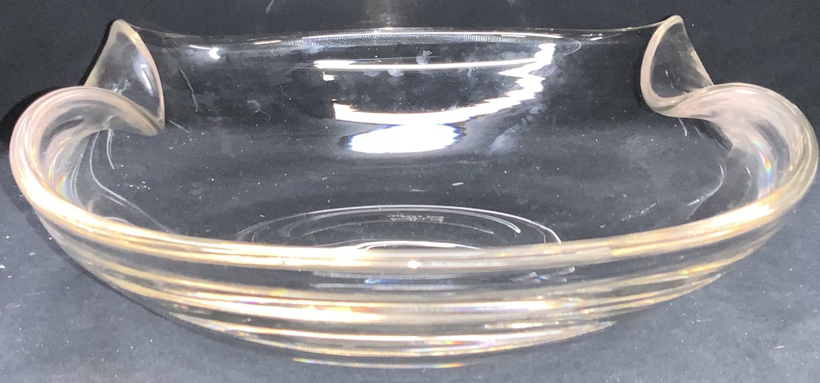 Elsa Peretti TIFFANY & Co Crystal Centerpiece: Etched on underside Elsa Peretti For Tiffany. Thick walled clear crystal centerpiece bowl with folded sides. Approximately 3.5 inches tall and 14.5 inch diameter. Moderate surface wearing to underside