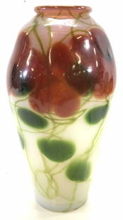 TIFFANY Antique Opaque Favrile Glass Vase, Sgn: TIFFANY hand blown opaque FAVRILE glass with abstract red and green floating design. PONTIL mark. Underside has a partial sticker label , reads TIFF REGISTERED TRADEMARK and is SIGNED L. C. TIFFANY FA