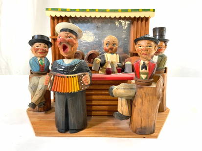 ANRI Italian Crvd Wood Bar Scene Musical Automaton: Backside has tag which reads ANRI WOOD CARVINGS and marked MADE IN ITALY. Piece is wooden appears to possibly be hand crafted. Depicts a bar scene with 5 figures. Including bartender, musician & other