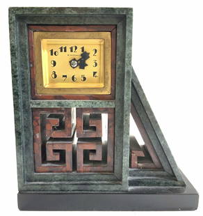 B. Altman Asian Art Deco Marble Clock, France: Signed B. Altman & Co Green and red marble Asian Art deco timepiece , made in France. Brass accents, Asian greek key Taotie design below the art deco style dial numbers behind beveled glass., Brass ba