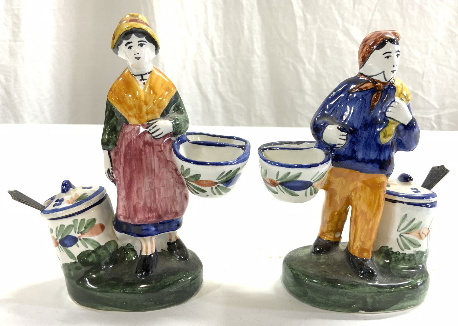 QUIMPER Porc Salt Pepper Cellars W Sterling Spoons (1 of 7)