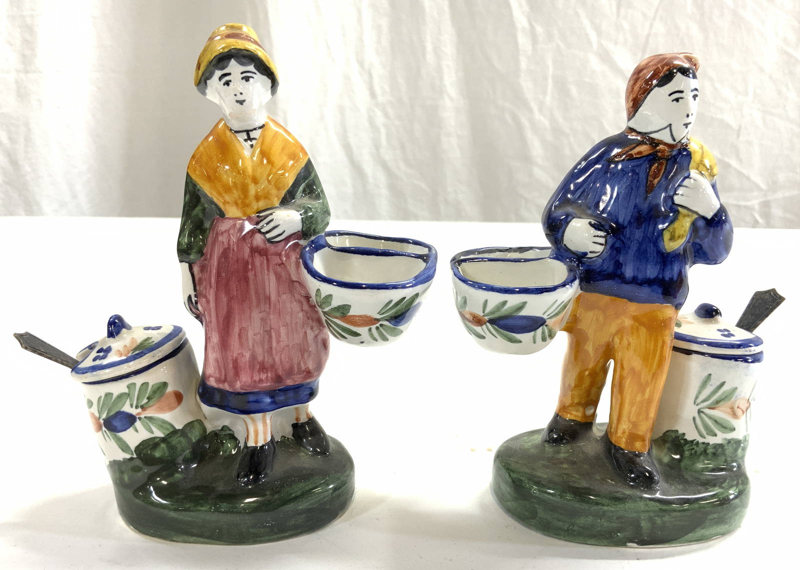 Quimper Porc Salt Pepper Cellars W Sterling Spoons Auction