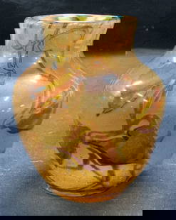 Antq L.C. Tiffany Studios Favrile Glass Vase: Antique Tiffany Studios favrile glass vase. Hand blown amber toned iridescent art glass with marbled botanical leaf and vine decoration. Signed L. C. Tiffany - Favrile 3519 P with paper stamp to under