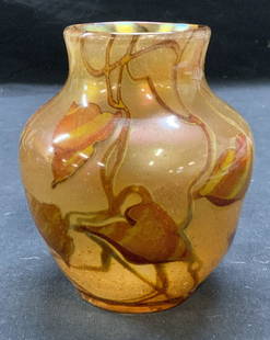 Antq L.C. Tiffany Studios Favrile Glass Vase: Antique Tiffany Studios favrile glass vase. Hand blown amber toned iridescent art glass with marbled botanical leaf and vine decoration. Signed L. C. Tiffany - Favrile 3519 P with paper stamp to